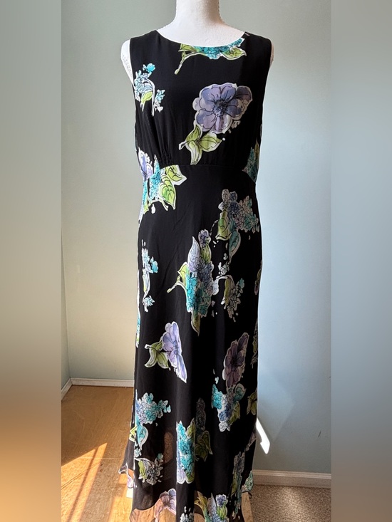 Talbots Dresses & Skirts - Talbots 100% Silk Black Floral Maxi Dress Purple Blue Sleeveless - 10
